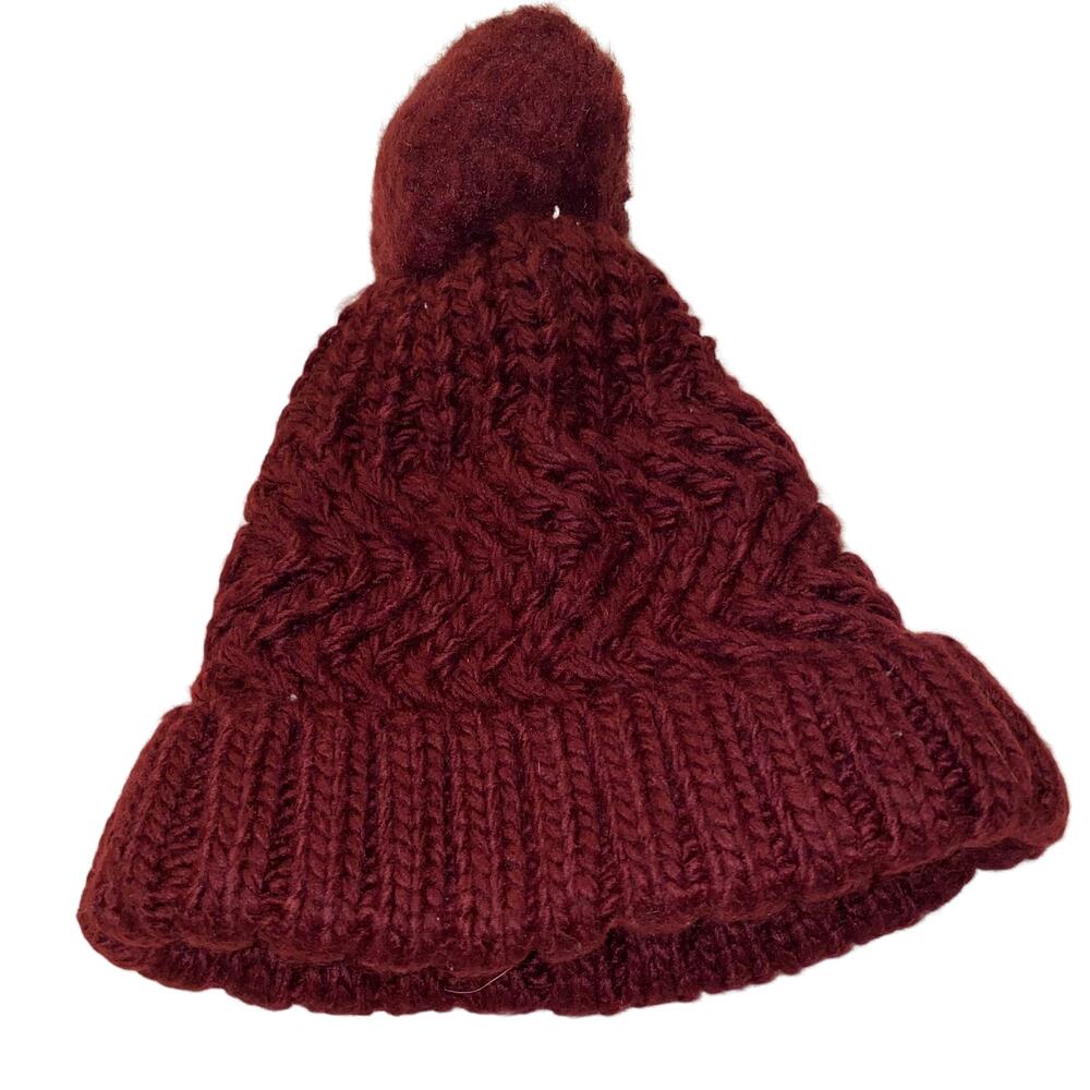 West Loop Knit Pom Pom Beanie Hat Fold Over Burgundy One Size Fits Most - Picture 4 of 5